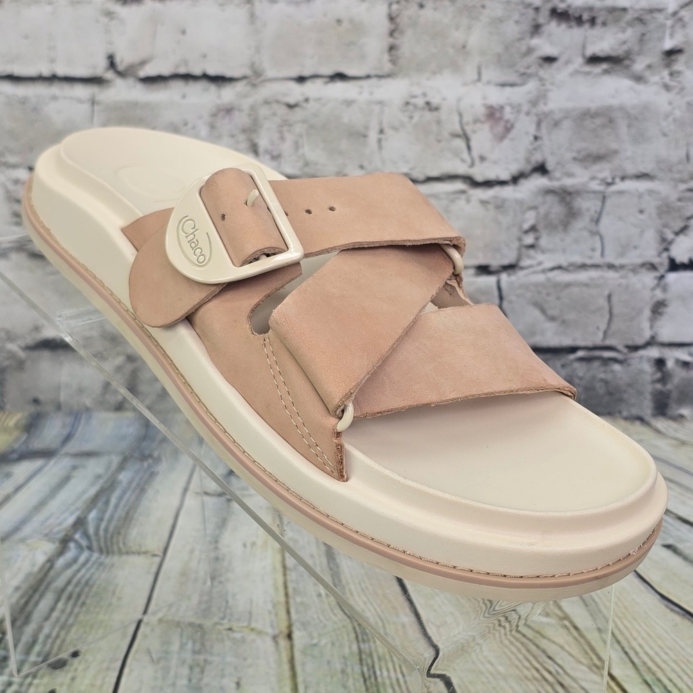 Chaco Townes Leather Slide Sandals Womens 7 Khaki Beige Tan Buckle Comfort Shoes